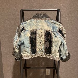 Cropped light wash denim, distressed, bedazzled, quarter sleeve large jacket